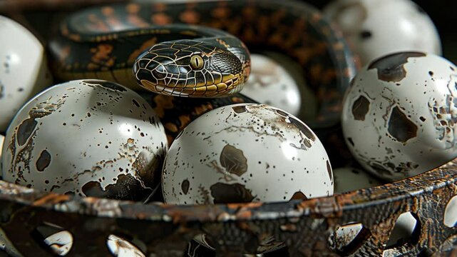 A snake is nestled among spotted eggs in a decorative basket, showcasing a striking contrast of colors and textures