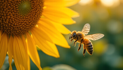 Honeybee harvesting pollen from blooming flowers.