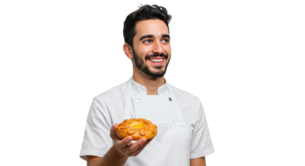A smiling baker showcases a beautifully crafted loaf of bread. Dressed in white kitchen attire, he radiates joy and pride in his work as he presents his culinary creation