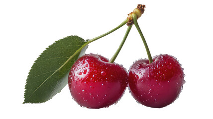 fresh wet cherries, Cherries with water drops, Two cherries feature water droplets and a green leaf atop one, top view