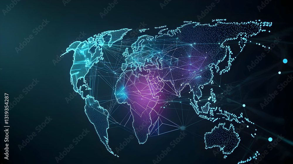 Poster abstract digital world map with glowing blue nodes and data connections visualization in dark backgr