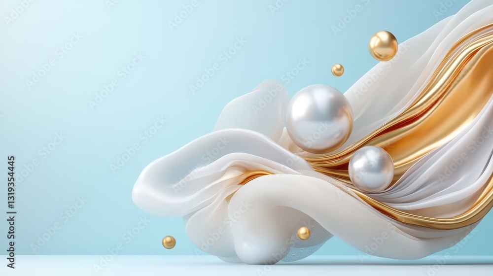 Aufkleber a surreal 3d abstract object featuring flowing shapes and luminous spheres against a soft blue backd