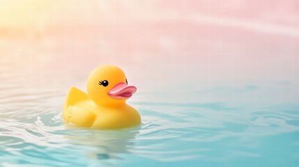 Floating Rubber Duck: A cheerful yellow rubber duck floats serenely on water, a symbol of bath time fun and childhood nostalgia.