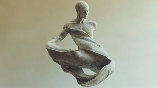 Humanoid stone sculpture floating with flowing fabric