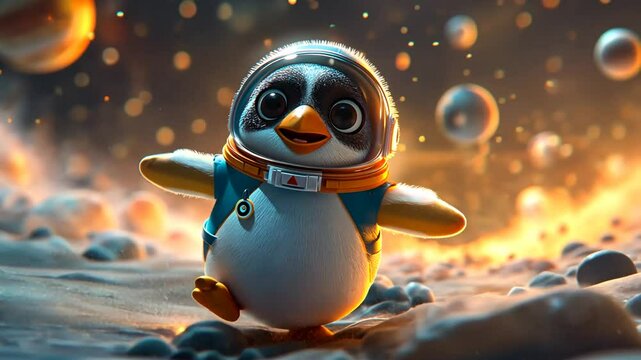 Kleiner Pinguin schwebt in einer Weltraumwelt