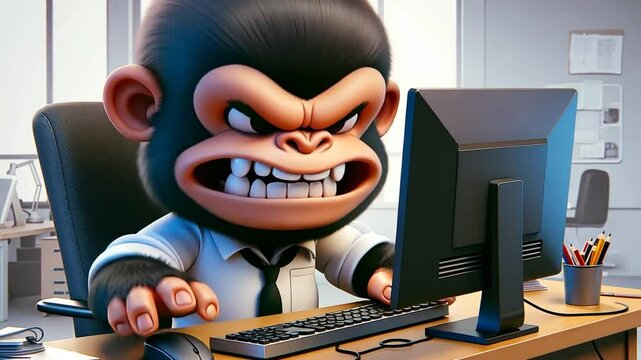 W&uuml;tender Affe am Computer mit aggressivem Gesichtsausdruck