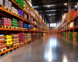 A vibrant warehouse filled with neatly organized shelves of colorful packaged goods, showcasing a spacious, well-lit interior.