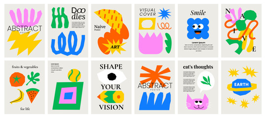 Playful cover design. Colorful abstract backgrounds with doodle elements, naive shapes. Print templates with text. Modern layouts with childish forms for card, poster, brochure, flyer or catalog.