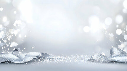 Abstract Silver Glitter Background with Bokeh Effects and Ribbons in a Bright Festive Scene