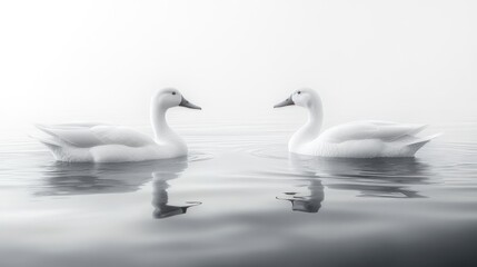Obraz premium Two pristine white swans facing each other on a tranquil water