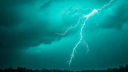 A dramatic lightning bolt illuminates the dark stormy sky above trees