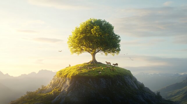International Day for Biological Diversity Lone tree on a hill, vibrant green foliage against a golden sunrise, symbolizing solitude and nature's beauty, room for text.