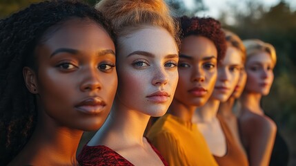Obraz premium Group of diverse women standing together in golden sunlight, representing unity, empowerment, and natural beauty in a warm, serene setting.