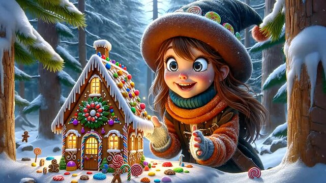 Kleines M&auml;dchen mit Lebkuchenhaus in einer Winterlandschaft