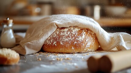  Freshly baked bread covered with soft linen cloth on rustic counter Warm loaf peeks from beneath fabric, steam rising, surrounded by rolling pin and traces of flour.