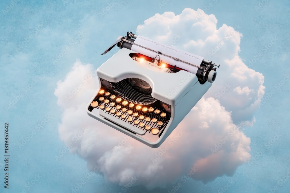 Poster surreal image of vintage typewriter floating in cloud-filled sky keys glowing softly ample copy spac