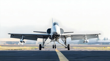 Obraz premium White Advanced Fighter Jet Aircraft Taxiing On Airfield Runway Front View With Bright Sky Background On A Sunny Day