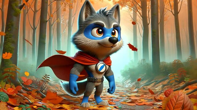 Heroischer Fuchs mit Cape steht in einer herbstlichen Landschaft