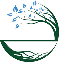 Minimalist blue and green combination tree logo, futuristic touch geometric elements, suitable for brands that focus on green technology, or the environment. Available in high quality vector format.