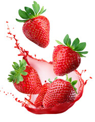 Ripe strawberries splashing into fresh strawberry juice on transparent background
