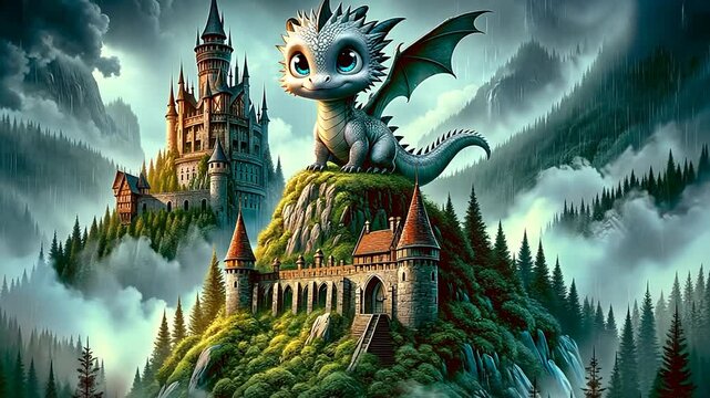Kleiner Drache fliegt &uuml;ber eine mittelalterliche Burg