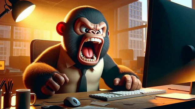 W&uuml;tender Gorilla schl&auml;gt auf Tastatur in einem B&uuml;ro