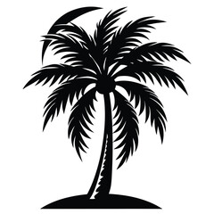 Obraz premium A pure black silhouette of a tall and slightly curved palm tree with long, arching fronds, 