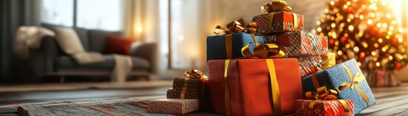 Colorful Festive Gift Boxes Near Christmas Tree in Cozy Living Room