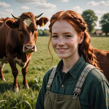 Chica joven granjera o ganadera, pelirroja, con una vaca a su lado.