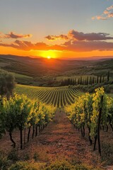 Fototapeta premium Vineyard Rows at Sunset. Plants grow in a field. Golden sun shines above hills. Beautiful countryside scene. Peaceful rural farm at sundown.