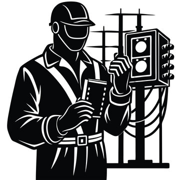 recommend clip art: A pure black silhouette of an electrical engineer holding a multimeter while inspecting electrical equipment 