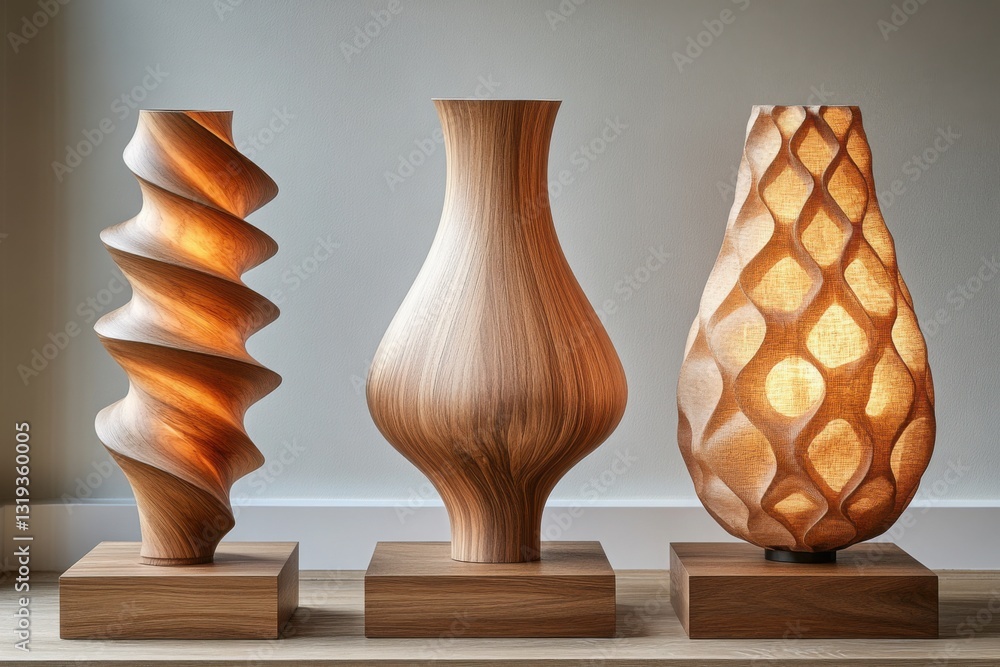 Poster wooden decorative vases: three uniquely designed vases with varying shapes textures and illumination