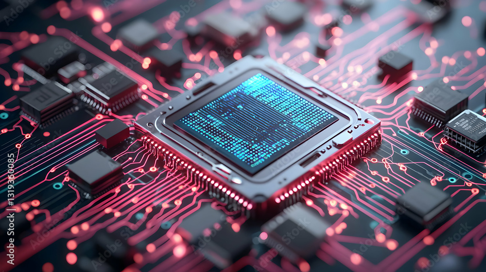 Aufkleber intricate digital circuit board displaying electronic components with red and blue illumination on b