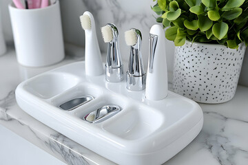 Modern toothbrush holder on marble countertop
