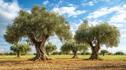 Olive trees in field. Sunlight and blue sky above. Peaceful scene. Earth tones. Green leaves. Twisted trunks. Landscape. Agriculture. Countryside setting.