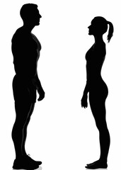 Silhouettes of man and woman facing each other, showcasing contrasting body shapes in a minimalist style