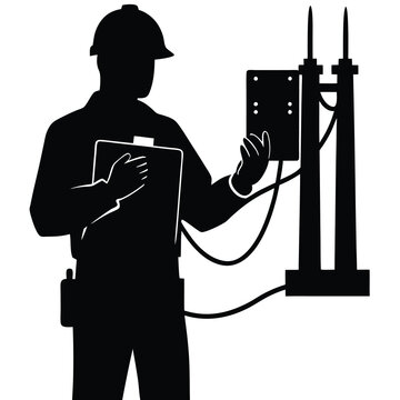 recommend clip art: A pure black silhouette of an electrical engineer holding a multimeter while inspecting electrical equipment 