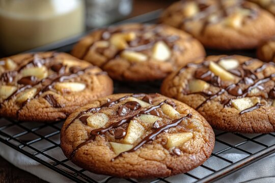 Freshly baked cookies with fruit and chocolate drizzle cooling on a wire rack evoke a feeling of homemade comfort and deliciousness - Powered by Adobe