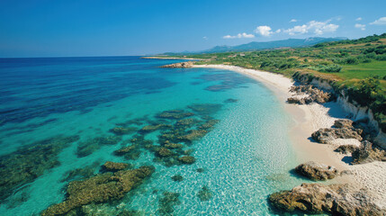 Obraz premium Clear ocean water meets sandy beach. Green land reaches toward blue sky. Gentle waves lap at the rocky shoreline. Water reflects sunlight.