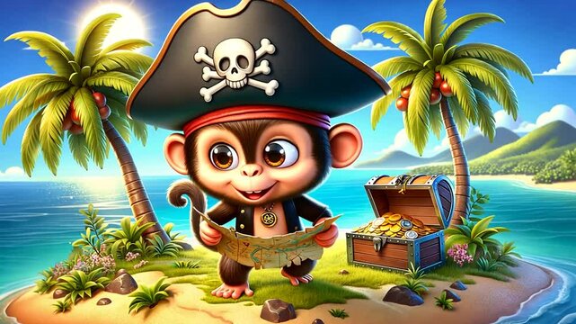 Affenpirat mit Kopftuch und Augenklappe auf einer tropischen Insel