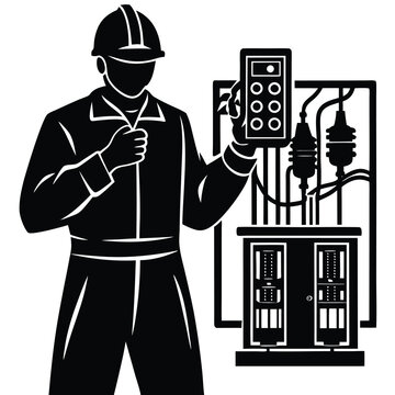 electrician inspecting electrical panel black and white clip art preview