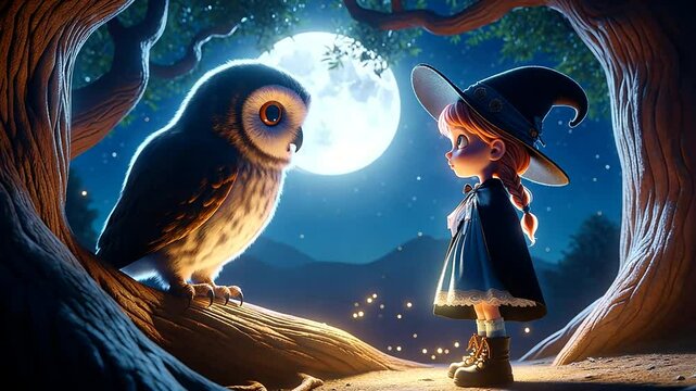 Hexe und Eule unter einem magischen Mondlicht