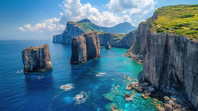 Rocky cliffs meet clear sea. Tall rocks stand in ocean. Blue water near coast. Green plants grow on cliffs. Mountain background under blue sky. - Powered by Adobe