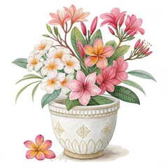 Watercolor Plumeria Bloom in Pot, Floral, Artwork