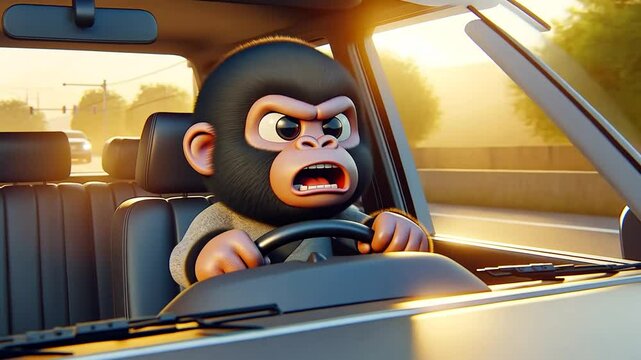 W&uuml;tender Gorilla sitzt am Steuer eines Autos mit angespannter Miene