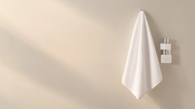 single immaculately white fluffy towel hanging with all laundry essentials in perfect harmony bathed in soft natural