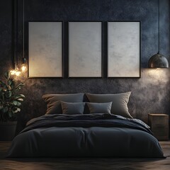 Stylish Minimalist Bedroom with Dark Color Palette and Three Empty Frames on the Wall