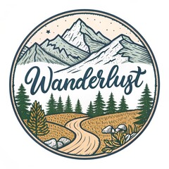 Wanderlust Mountain Scene Badge with Trees, Trail and Stars. Nature , Adventure