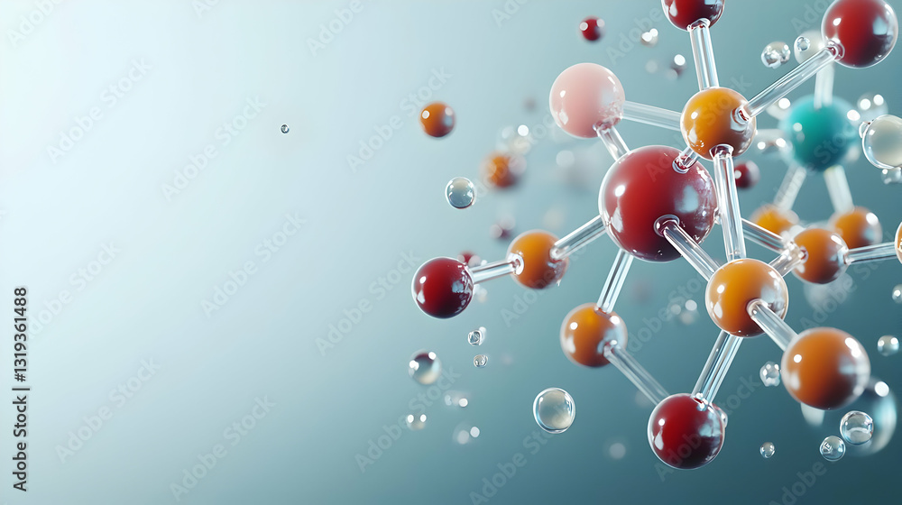 Poster 3d render of a colorful molecular structure with connected atoms on a soft gradient background repre