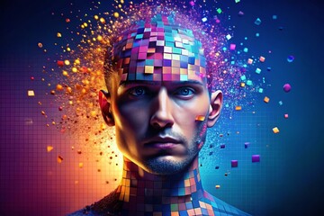Digital Transformation: Pixelated Head Disintegrating into Squares - Stock Photo